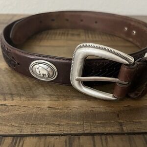 Vtg FOSSIL Brown Leather Belt Silver Buffalo Yellowstone Concho‎ Men's 34